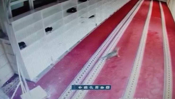 Kedinin caminin asma tavanını yıkarak aşağı düştüğü anlar kamerada