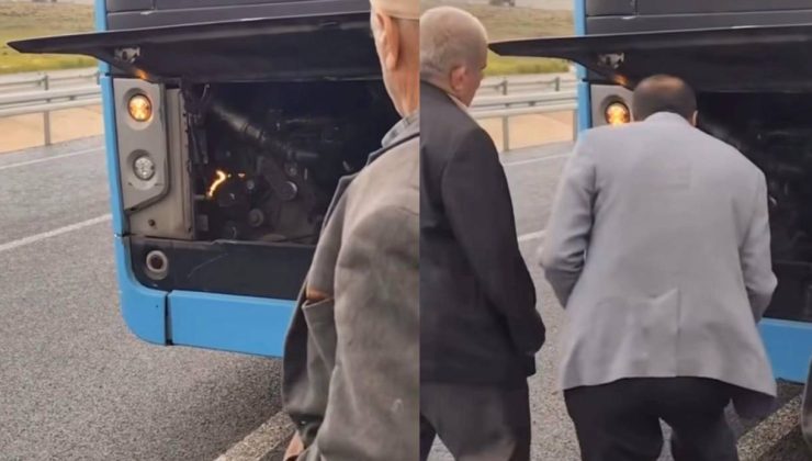 Otobüste çıkan yangını üfleyerek söndürmeye çalıştı