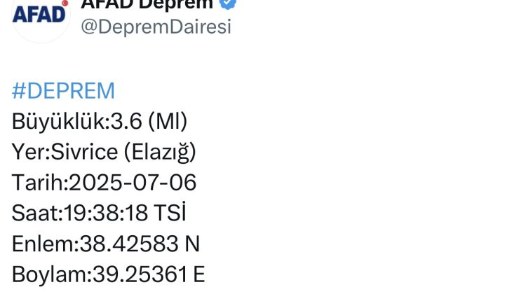 Elazığ’da 3.6 büyüklüğünde deprem