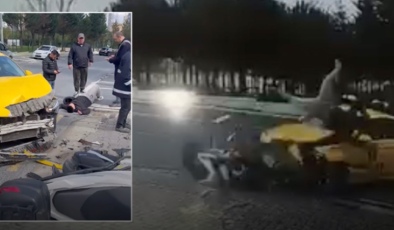 Taksi ile motosiklet kafa kafaya çarpıştı