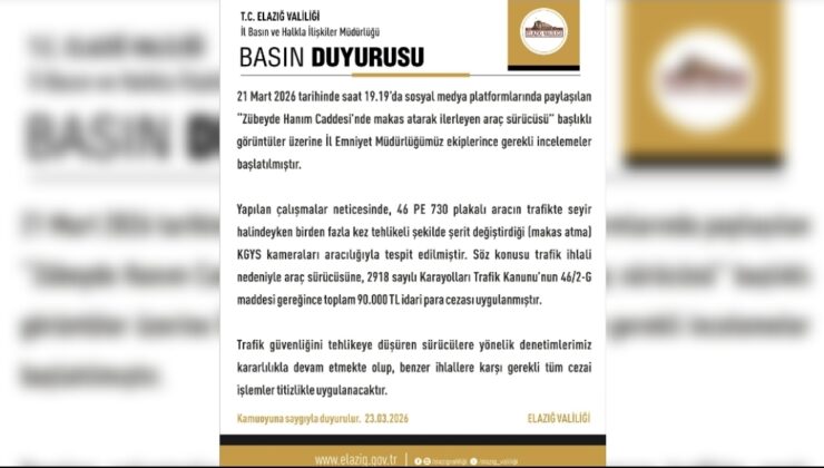 Elazığ’da Trafik Magandasına Ağır Ceza: 90 Bin TL!