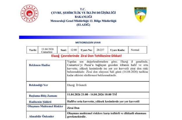 Meteorolojiden Elazığ için zirai don uyarısı
