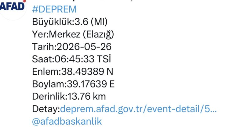 Elazığ’da 3.6 büyüklüğünde deprem